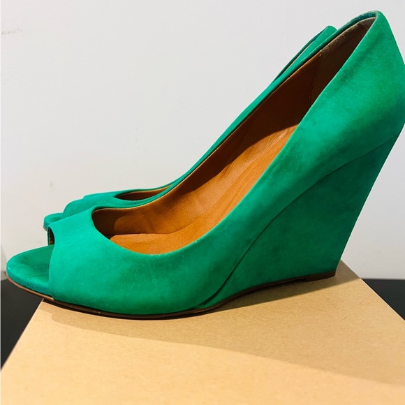 Madewell Peep Toe Wedge Green Suede Sandals - Size 8 - Picture 1 of 5